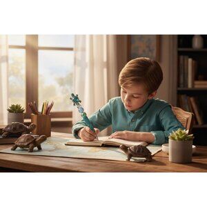 Turtle-Themed Beaded Ballpoint Pen With Rhinestones & Glittering Aqua Design